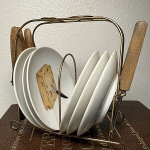 RARE Vintage Set Of 6 Mini Plates 4" Cheese Japan w/ Stand and Cheese Knives